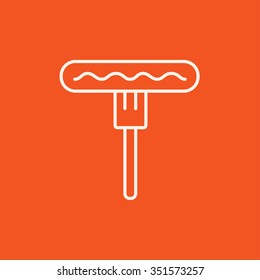 Sausage on the fork line icon for web, mobile and infographics. Vector white icon isolated on red background.