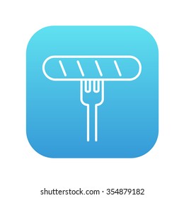 Sausage en el icono de la línea de la horquilla para web, móviles e infografías. Icono de blanco vector en el cuadrado de gradiente azul con esquinas redondeadas aisladas en fondo blanco.