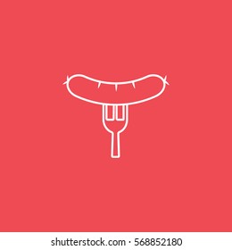 Sausage On Fork Line Icon On Red Background