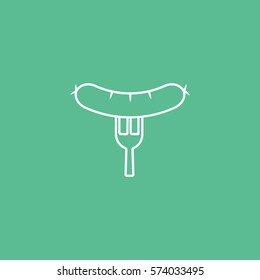 Sausage On Fork Line Icon On Green Background