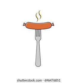 Sausage on a fork line icon flat style design, isolated on white background. Grilled sausage a poster template for an invitation to a party. Object for web and print.