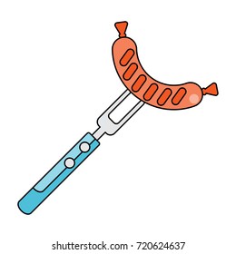 Sausage on fork lines icon. Flat vector cartoon illustration. Objects isolated on a white background.