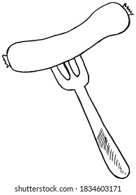 Wurst auf Gabel. Motiv des Essens, der Küche, des Restaurants. Vektorskizze in primitivem Stil. Kann für Druck und Webdesign verwendet werden