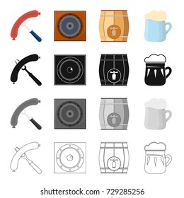 Sausage on the fork, musical speaker in the pub, wooden barrel with beer, beer mug. Pab and party set collection icons in cartoon black monochrome outline style vector symbol stock illustration web.