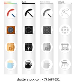 Sausage on the fork, musical speaker in the pub, wooden barrel with beer, beer mug. Pab and party set collection icons in cartoon black monochrome outline style vector symbol stock illustration web.