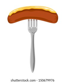 Sausage on the fork with mustard isolated on the white background, Illustration.