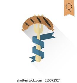 Sausage on a Fork. Oktoberfest Beer Festival. Long Shadow. Flat design style. Vector
