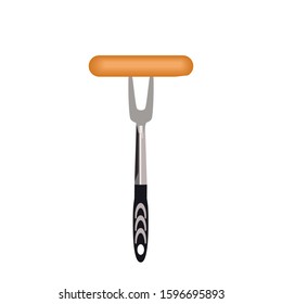 Sausage on fork over white background