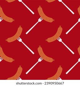 Sausage on a fork seamless pattern on color background. seamless pattern with grilled sausage on fork for kitchen, textiles, wallpaper, clothes and other