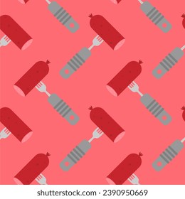 Sausage on a fork seamless pattern on color background. seamless pattern with grilled sausage on fork for kitchen, textiles, wallpaper, clothes and other