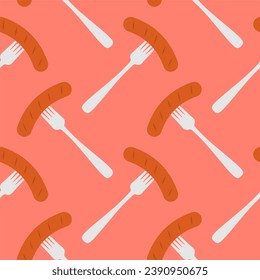 Sausage on a fork seamless pattern on color background. seamless pattern with grilled sausage on fork for kitchen, textiles, wallpaper, clothes and other