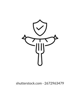 Sausage on fork, shield and checkmark. Food safety and high quality, approved restaurant and delivery service. Pixel perfect, editable stroke vector icon