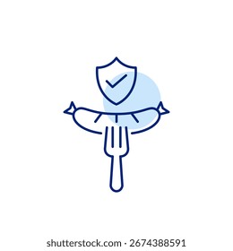 Wurst auf Gabel, Schild und Häkchen. Lebensmittelsicherheit und qualitativ hochwertiger, zugelassener Restaurant- und Lieferservice. Pixel perfekt, bearbeitbares Strichvektorsymbol