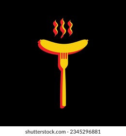 Sausage on fork sign. 3D Extruded Yellow Icon with Red Sides a Black background. Illustration.