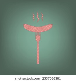 Sausage on fork sign. Apricot Icon with Brick Red parquet floor graphic pattern on a Ebony background. Feldgrau. Green. Illustration.