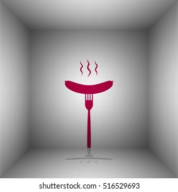 Sausage on fork sign. Bordo icon with shadow in the room.