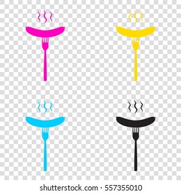 Sausage on fork sign. CMYK icons on transparent background. Cyan, magenta, yellow, key, black.