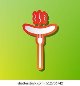 Sausage on fork sign. Contrast icon with reddish stroke on green backgound.