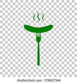 Sausage on fork sign. Dark green icon on transparent background.
