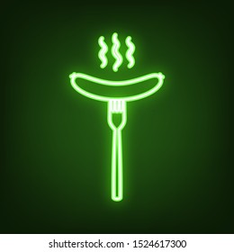 Sausage on fork sign. Green neon icon in the dark. Blurred lightening. Illustration.
