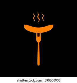Sausage on fork sign. Orange icon on black background.