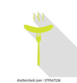Sausage on fork sign. Pear icon with flat style shadow path.
