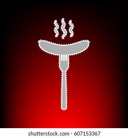 Sausage on fork sign. Postage stam or old photo style on red-black gradient background.