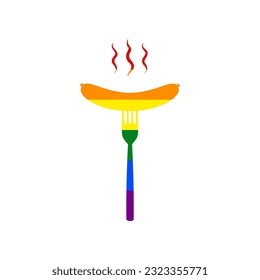 Sausage on fork sign. Rainbow gay LGBT rights colored Icon at white Background. Illustration.