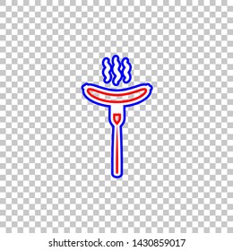 Sausage on fork sign. Red, white and contour icon at transparent background. Illustration.