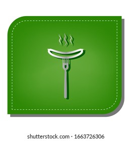 Sausage on fork sign. Silver gradient line icon with dark green shadow at ecological patched green leaf. Illustration.