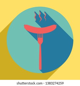 Sausage on fork sign. Sunset orange icon with llapis lazuli shadow inside medium aquamarine circle with different goldenrod shadow at royal yellow background.