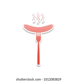 Sausage on fork sign. Vector. Reddish icon with white and gray shadow on white background. Isolated.