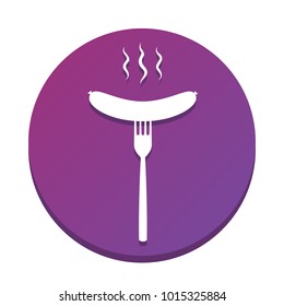 Sausage on fork sign. Vector. White icon with flat shadow on purpureus circle at white background. Isolated.