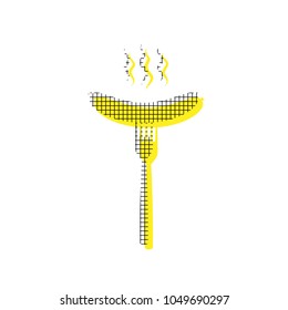 Sausage on fork sign. Vector. Yellow icon with square pattern duplicate at white background. Isolated.