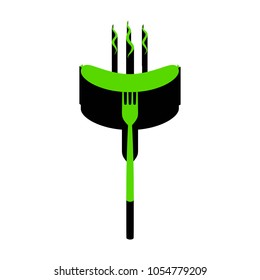 Sausage on fork sign. Vector. Green 3d icon with black side on white background. Isolated.