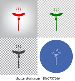 Sausage on fork sign. Vector. 4 styles. Red gradient in radial lighted background, green flat and gray scribble icons on transparent and linear one in blue circle.