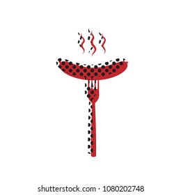 Sausage on fork sign. Vector. Brown icon with shifted black circle pattern as duplicate at white background. Isolated.