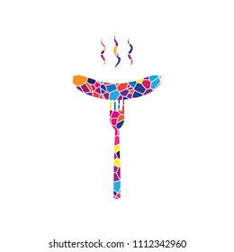 Sausage on fork sign. Vector. Stained glass icon on white background. Colorful polygons. Isolated.