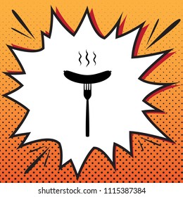 Sausage on fork sign. Vector. Comics style icon on pop-art background.