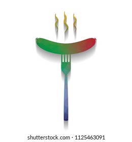 Sausage on fork sign. Vector. Colorful icon with bright texture of mosaic with soft shadow on white background. Isolated.