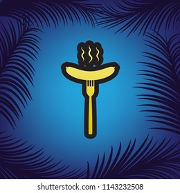 Sausage on fork sign. Vector. Golden icon with black contour at blue background with branches of palm trees.