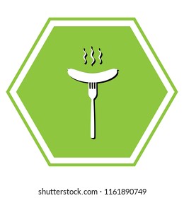 Sausage on fork sign. Vector. White icon with black shadow at yellow green honeycomb on white background.