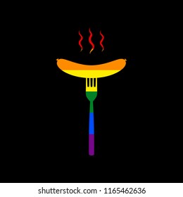 Sausage on fork sign. Vector. Icon with colors of LGBT flag at black background.