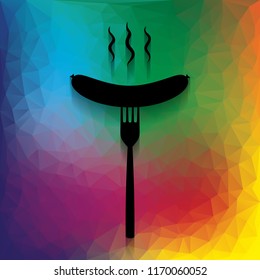 Sausage on fork sign. Vector. Flat style black icon on white.