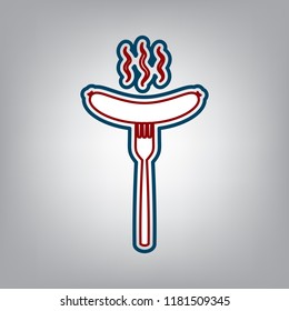 Sausage on fork sign. Vector. Dark red, transparent and midnight green stroke of white icon at grayish background.