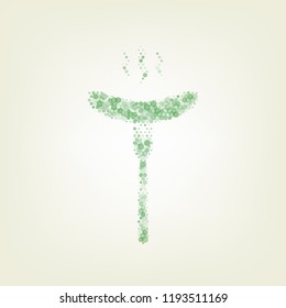 Sausage on fork sign. Vector. Green hexagon rastered icon and noised opacity and size at light green background with central light.