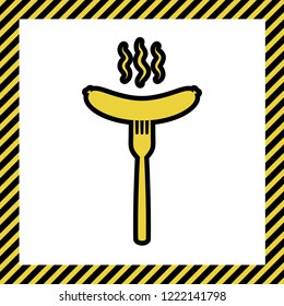 Sausage on fork sign. Vector. Warm yellow icon with black contour in frame named as under construction at white background. Isolated.