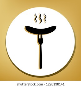 Sausage on fork sign. Vector. Black icon with light brown shadow in white circle with shaped ring at golden background.