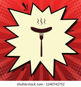 Sausage on fork sign. Vector. Dark red icon in lemon chiffon shutter bubble at red popart background with rays.