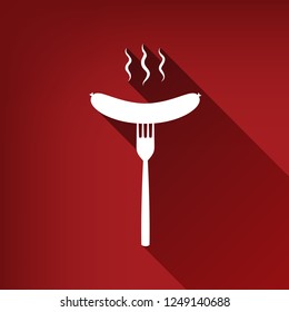 Sausage on fork sign. Vector. White icon with limitless shadow at ruby red background.